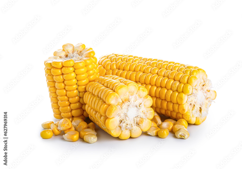 Fresh corn cobs and kernels isolated on white background