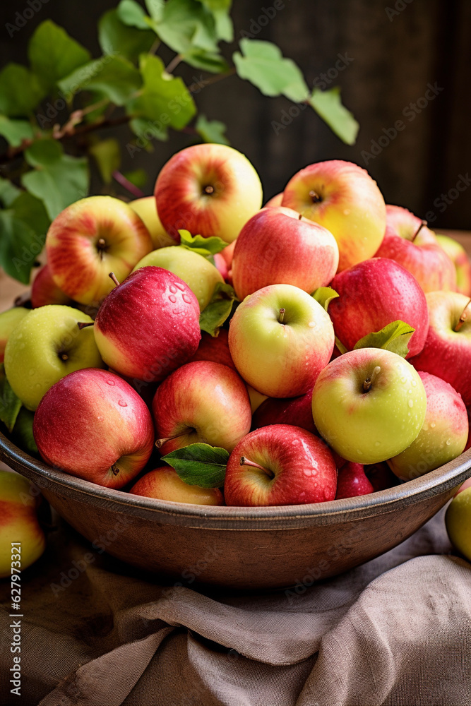 Red apples in a basket on a table, in the style of smilecore