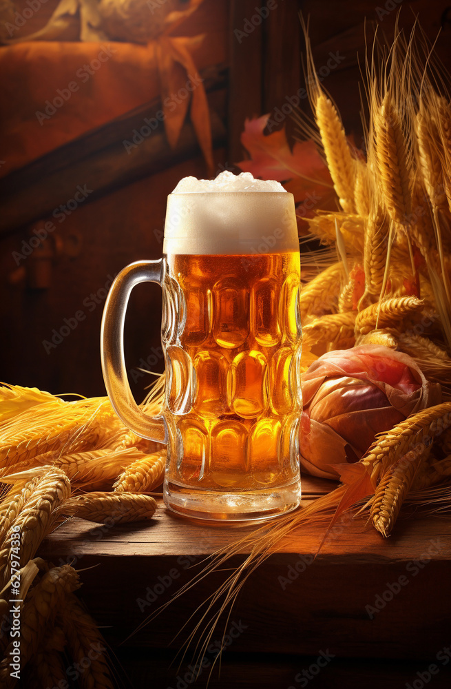 Mug of cold beer and wooden barrel on table