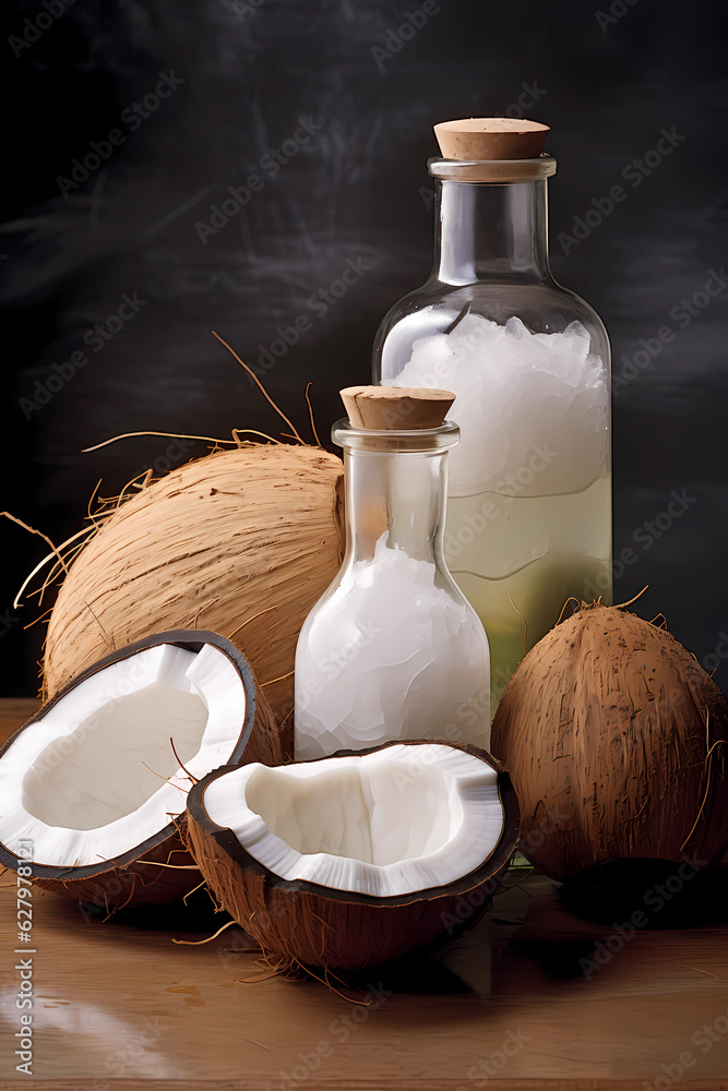 Real coconut, coconut leave and coconut oil in bottle