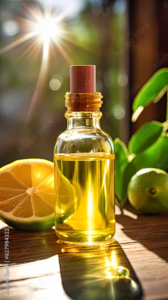 Close - up view of medical lime with oil CBD, clear bottle, no label, dripping on a rustic wooden ta