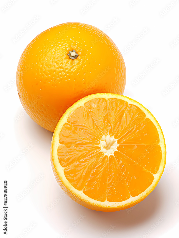 A cut orange fruit with leaves on a white background, in the style of bold contrast