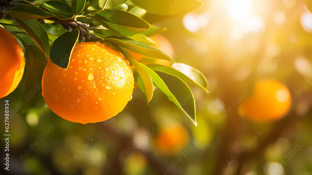 Orange tree with orange fruit hanging on the orange tree The background is an orange garden.