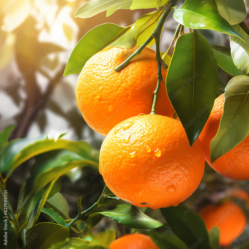 Orange tree with orange fruit hanging on the orange tree The background is an orange garden.