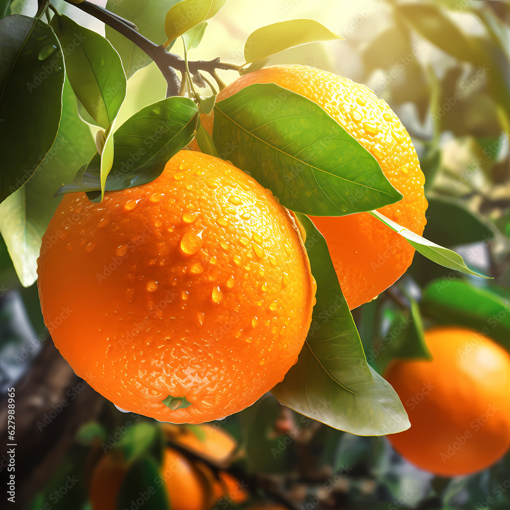 Orange tree with orange fruit hanging on the orange tree The background is an orange garden.