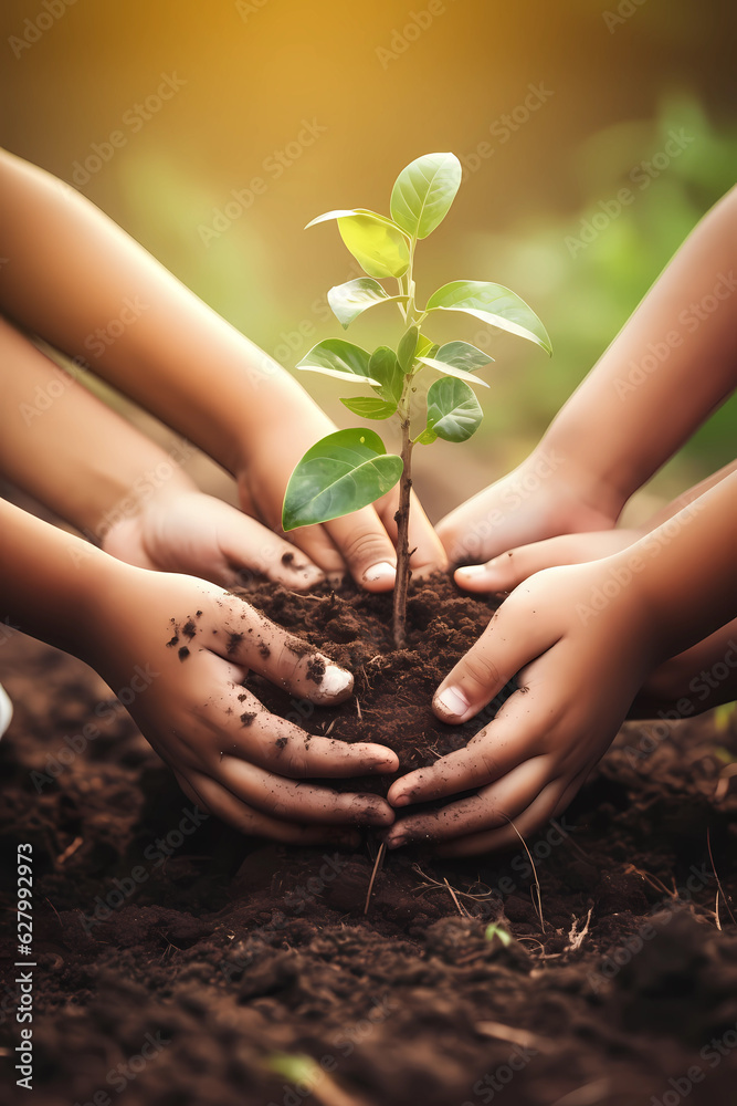 Hand holding a plant and teaching planting. and love of nature growth