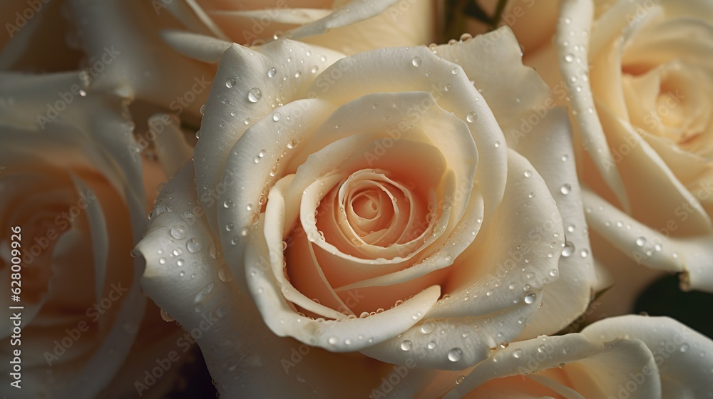 Creamy Roses flowers with water drops background. Closeup of blossom with glistening droplets. Gener