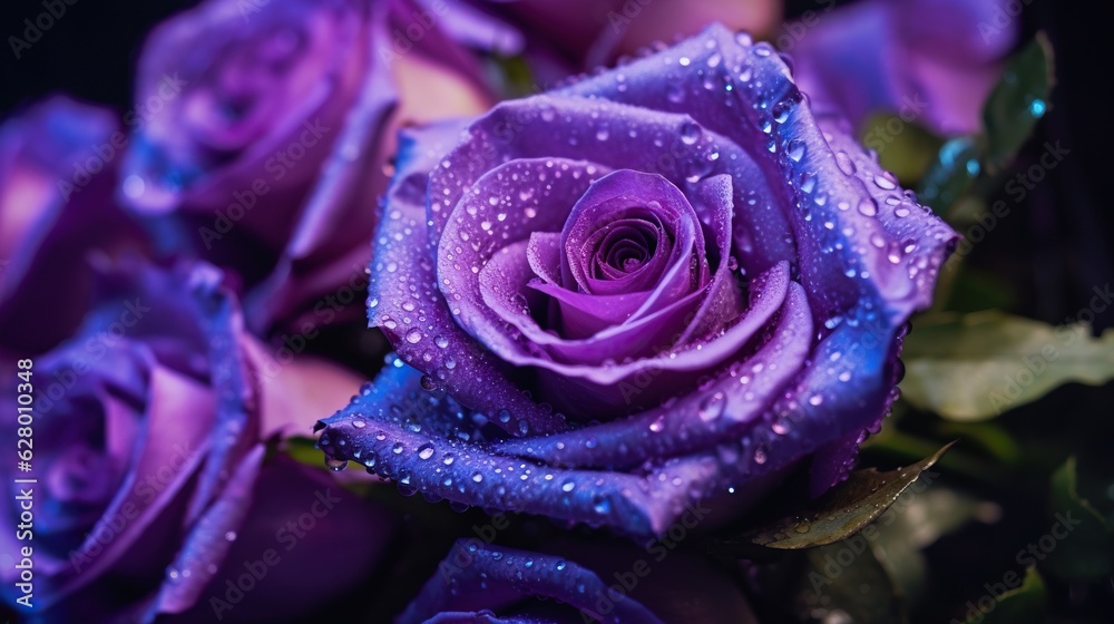 Purple Roses flowers with water drops background. Closeup of blossom with glistening droplets. Gener