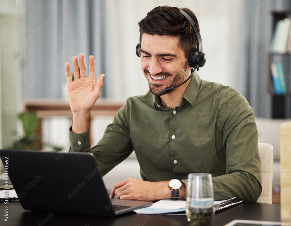 Man, remote work and virtual assistant with headphones at laptop for video call, voip communication 