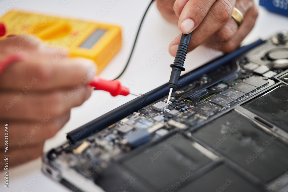 Motherboard, hands and circuit board with microchip, engineering and repair closeup. IT, hardware an