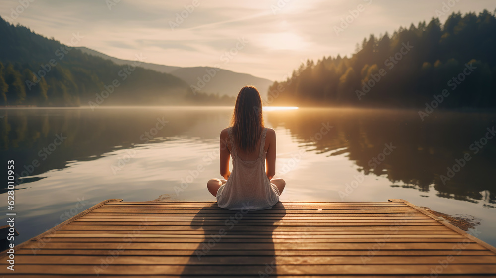 Young girl practice yoga on wooden pier with a view on lake and beautiful landscape. Generative AI