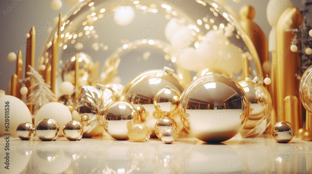 Modern shiny creative Christmas backdrop. Golden festive New Year background. Generative AI