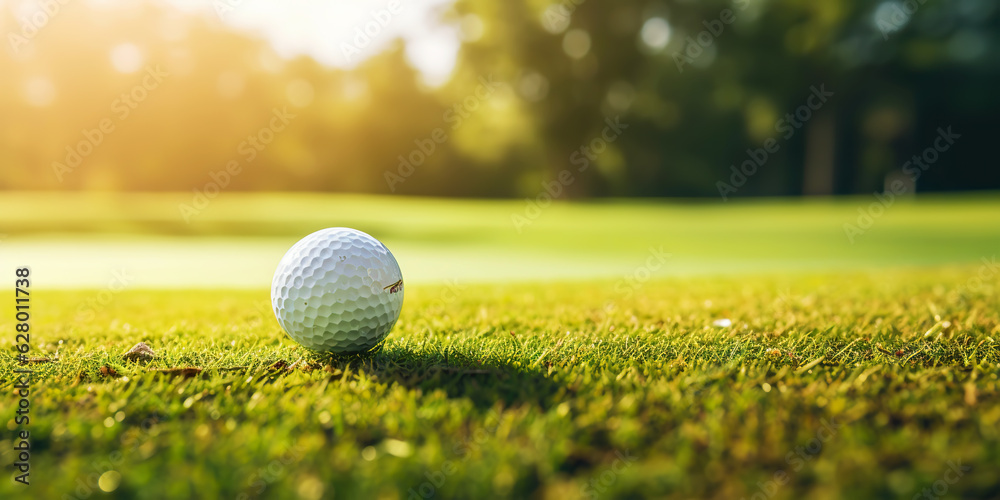 Close-up of golf ball on green grass of golf course, sunny day, blurred backdrop. Generative AI