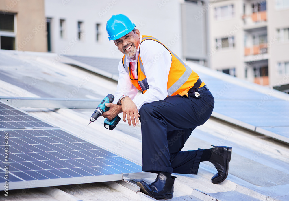 Solar panels, man and portrait with drill for engineering, grid and building maintenance in city. El