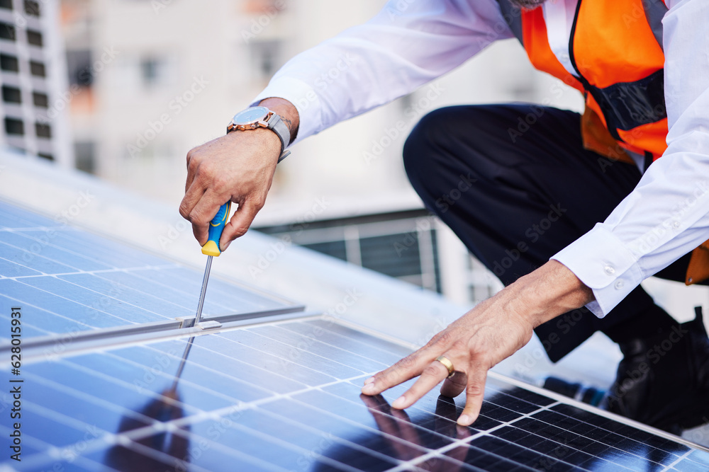 Solar panels, person hands and screwdriver for engineering maintenance, sustainability and developme