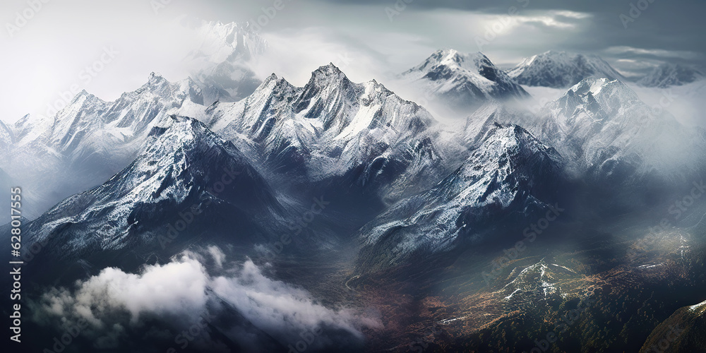 Dramatic snow-capped mountains landscape. Clouds and fog covers stone slopes. Generative AI