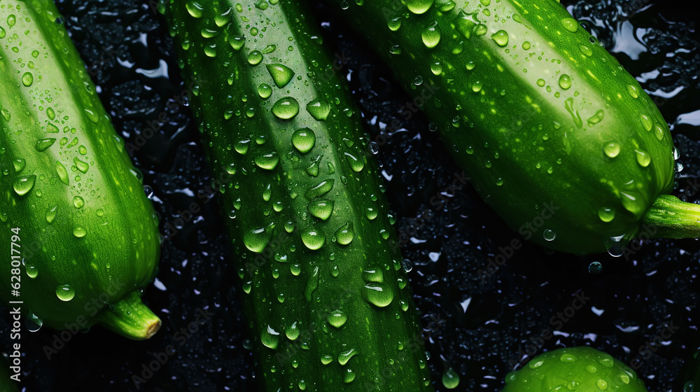 Freshgreen zucchini or courgettes with water drops background. Vegetables backdrop. Generative AI