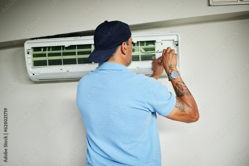 Machine, ac repair and air conditioner with man and screwdriver for maintenance, ventilation or powe