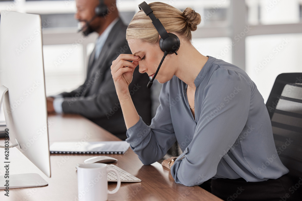 Stress, tired and call center with business woman in office for anxiety, burnout and mental health. 