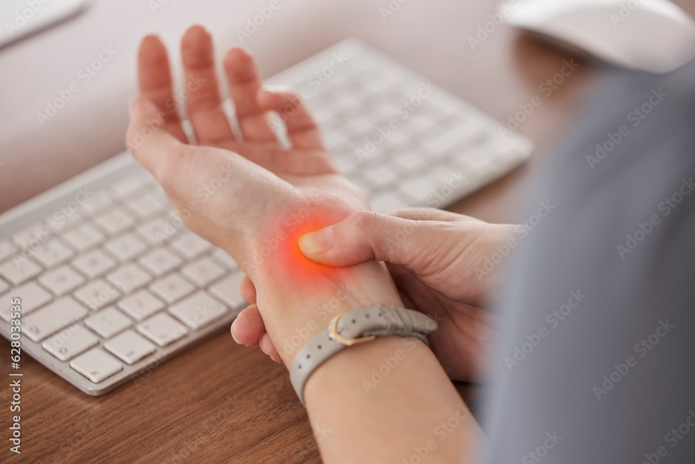 Business person, wrist pain and red injury from osteoporosis, orthopedic joint and laptop typing in 