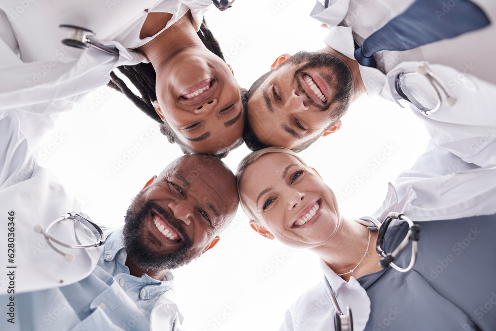 Hospital doctors, circle portrait and happy people for healthcare teamwork, medical support services