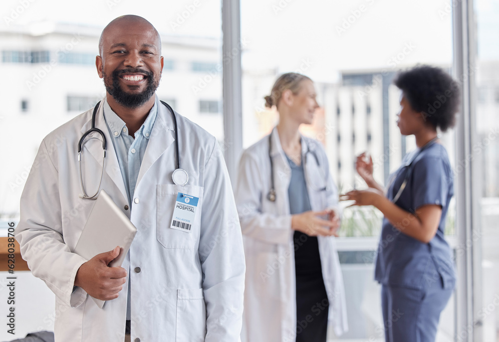 Happy, portrait and hospital doctor, black man or surgeon team leader smile for healthcare, medical 