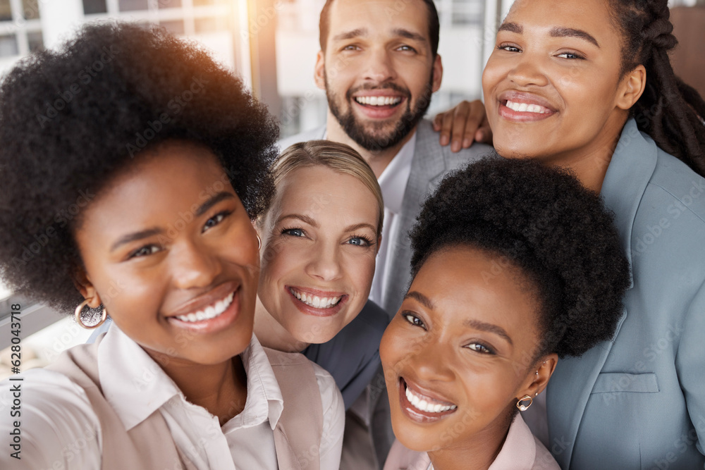 Young business people, group selfie and portrait with diversity, smile on face and teamwork at agenc