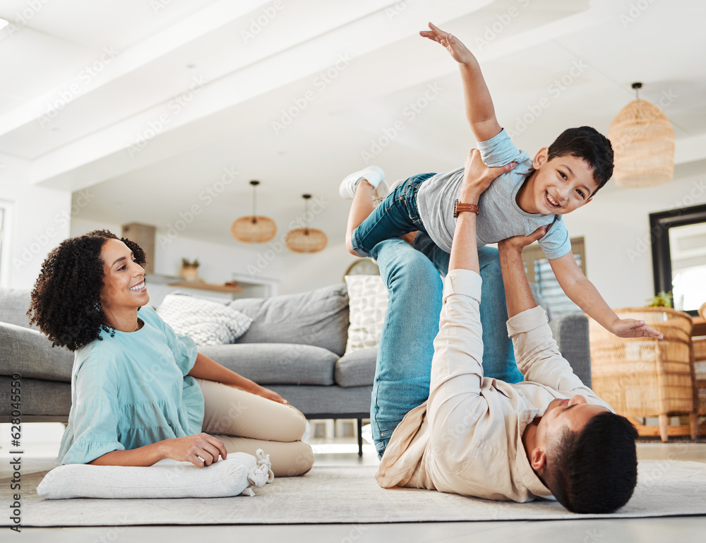 Portrait, mother or child playing with father on floor relaxing as a happy family bonding in Portuga