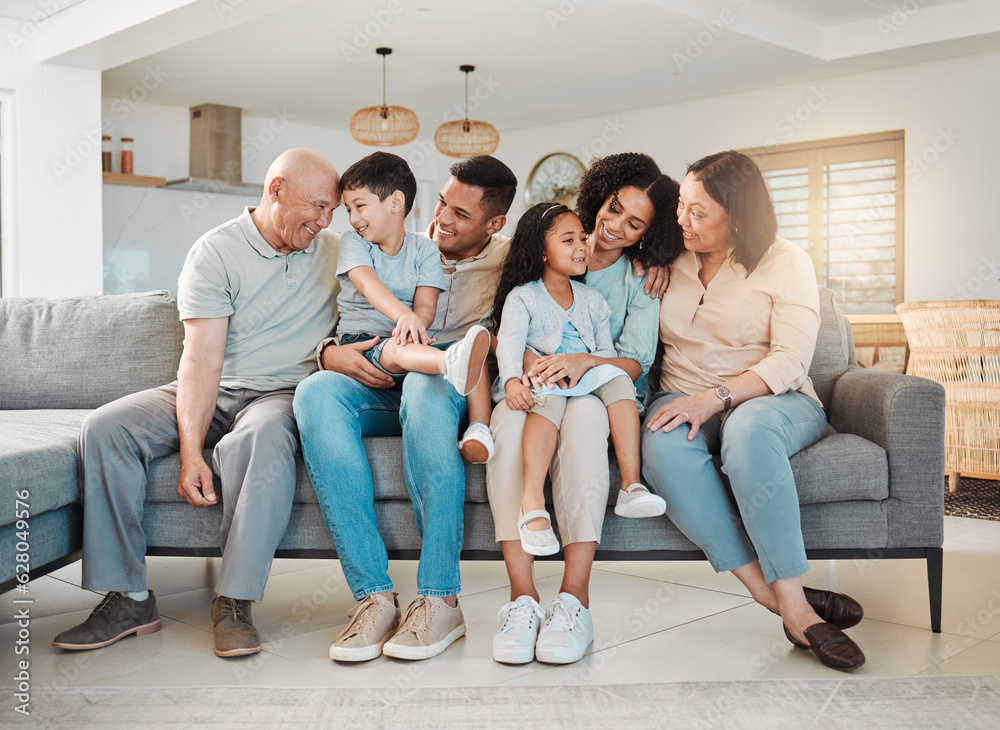 Happiness of grandparents, parents and kids on sofa together, support and love in home or apartment.