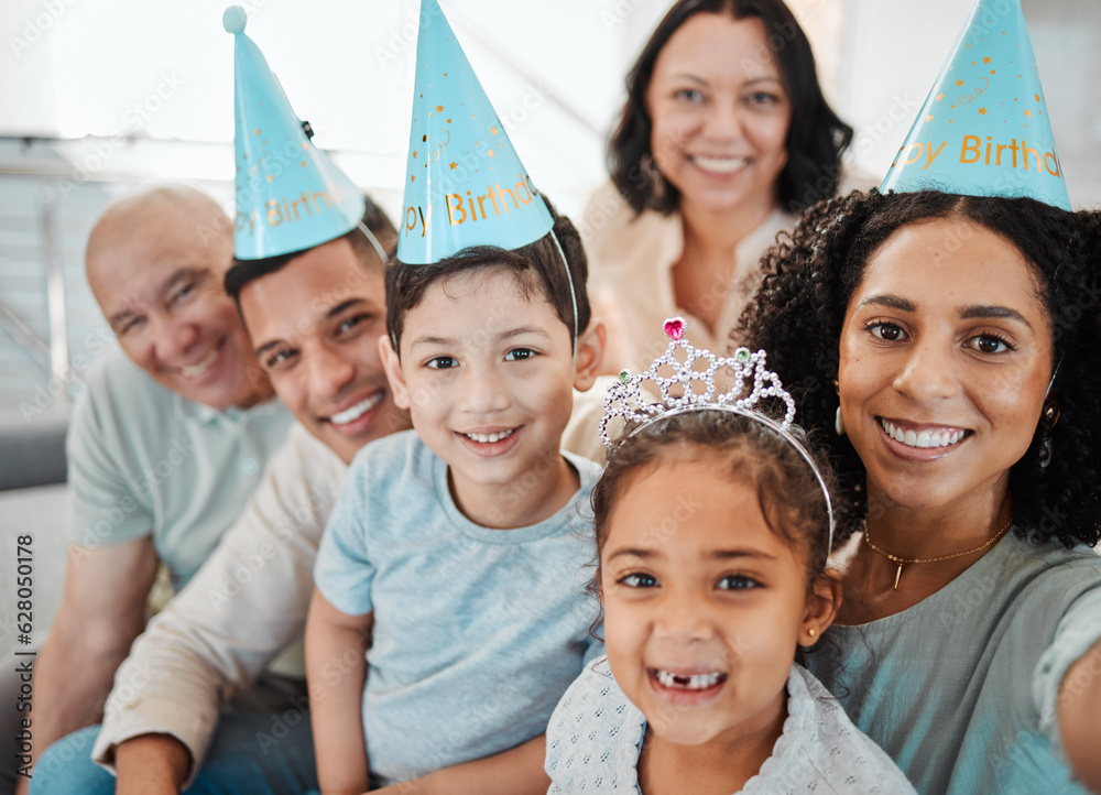 Birthday selfie, portrait of big family or happy kids with grandparents taking pictures in living ro