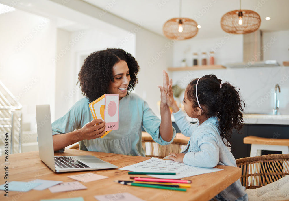 High five, homework success or mother with happy kid in celebration of learning shapes, goals or tes