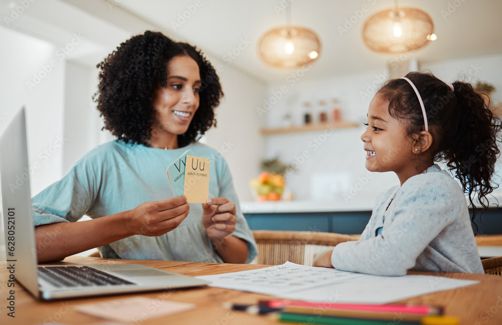 Homework, alphabet card and mother with girl for learning, child development and teaching at home. F