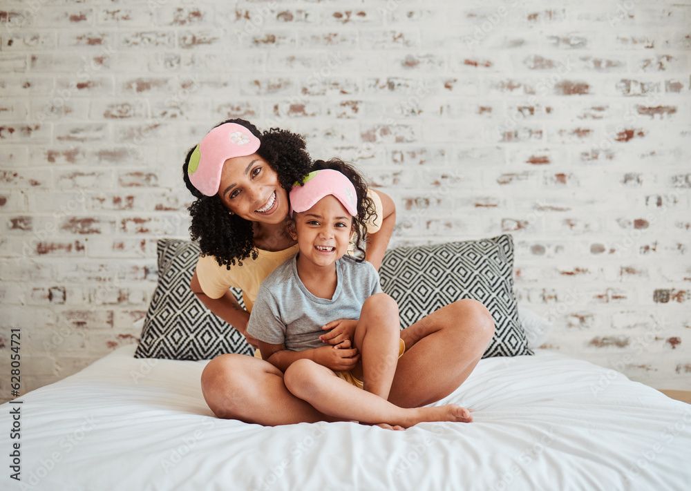 Portrait, girl and mother with kid in bedroom for quality time in home to relax together with smile.