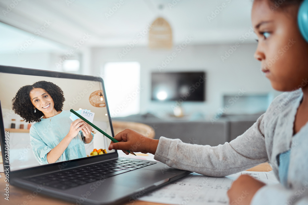 Girl child, laptop and e learning in home with pencil, pointing and teacher in virtual classroom, te