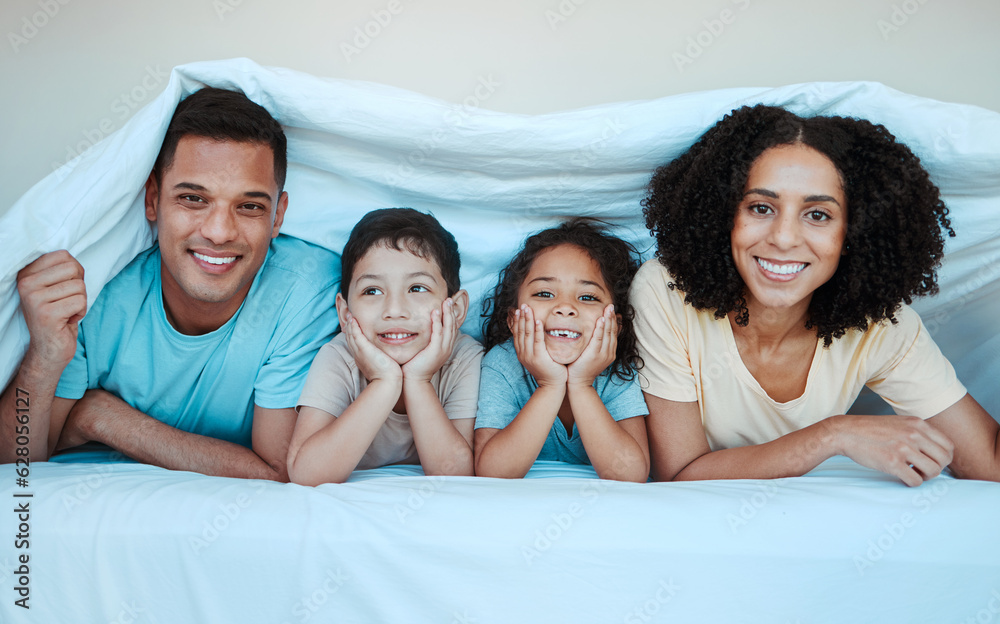 Blanket, bed and portrait of parents with children for bonding, quality time and affection in mornin