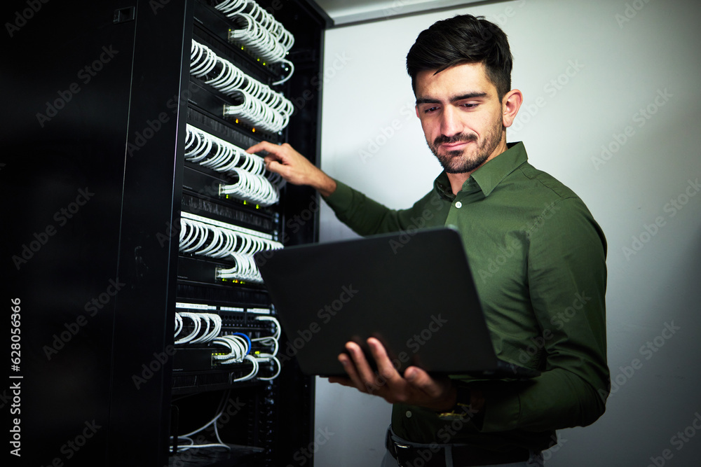 Laptop, engineering and man technician in a server room for technical repairs by a control box. Tech