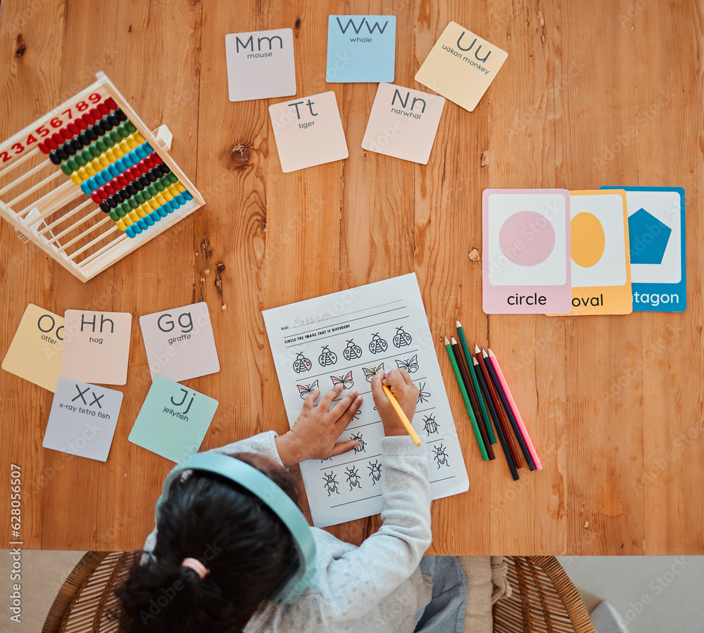 Above, child and girl writing on table for homework or remote learning in home for development, grow