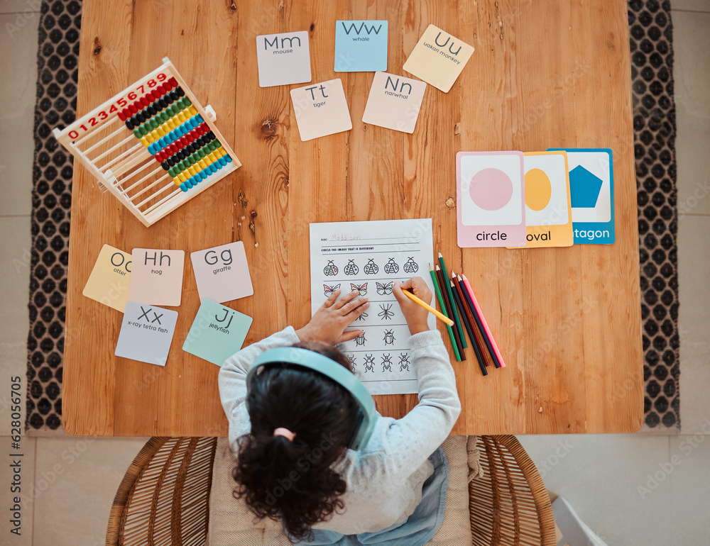 Above, child and girl writing on table for homework or remote learning in home for development, grow