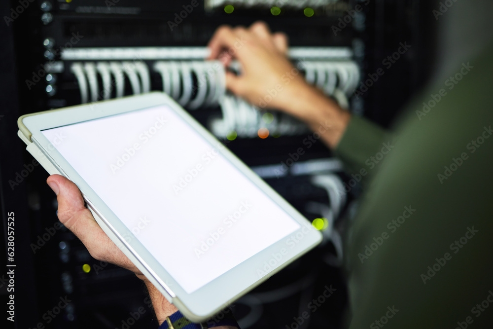 Screen, server room and hands with a tablet for information, network analytics or maintenance. Close