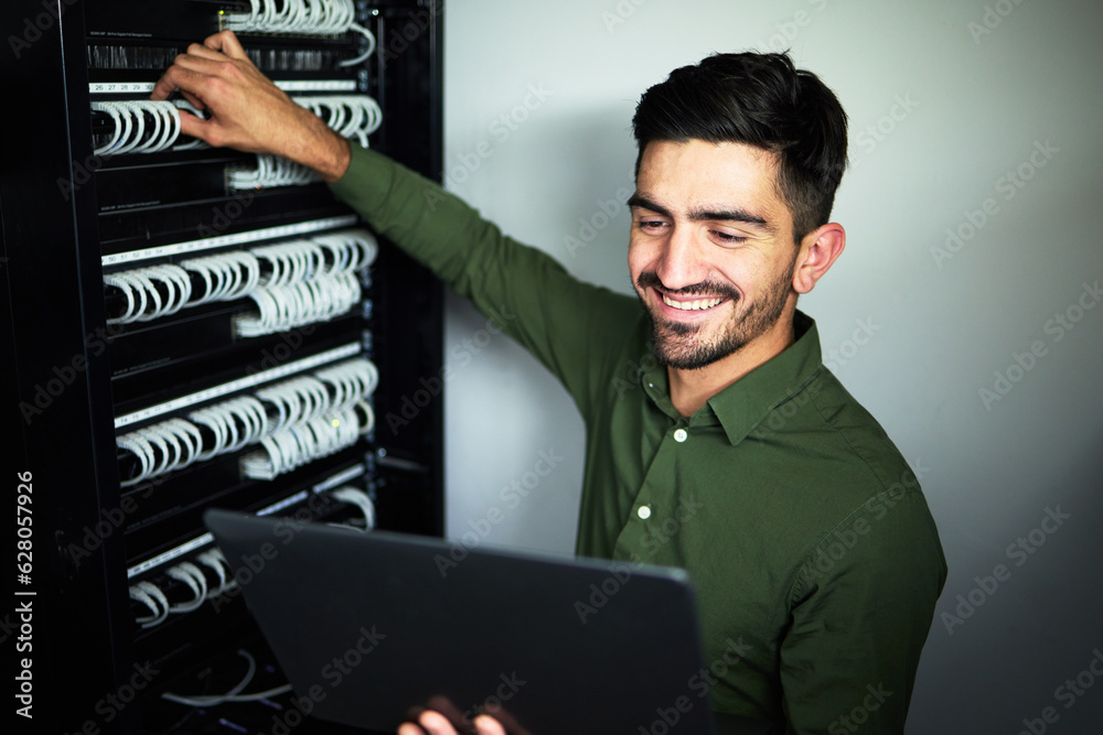 Laptop, maintenance and male technician in a server room for technical repairs by a control box. Tec