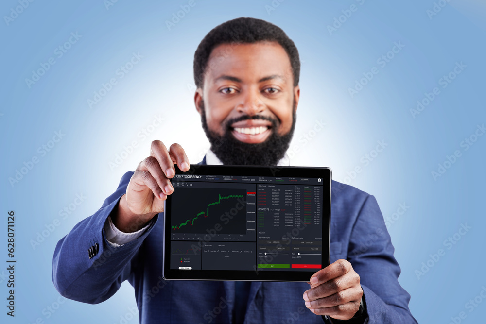 Financial data, tablet and business man portrait with stock market chart of cryptocurrency in studio