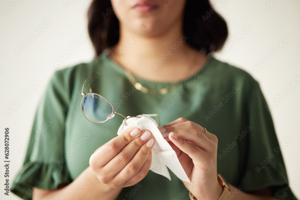 Woman, hands and clean the dust on glasses for heathy vision with cloth for protection. Eye, care an