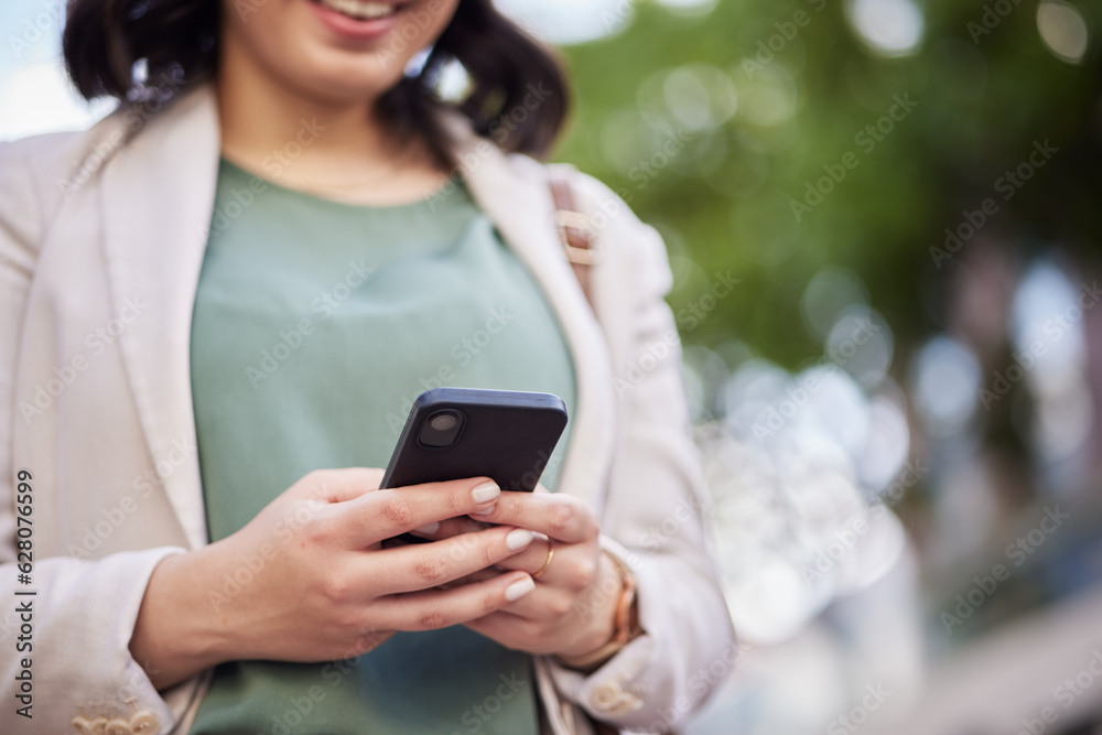 Outdoor, business and hands of woman with a cellphone in for job with communication on social media.