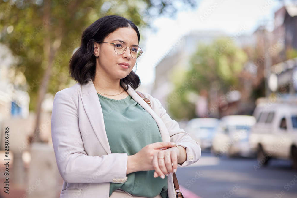 Watch, time and business with woman in city, appointment or morning commute to work interview, late 