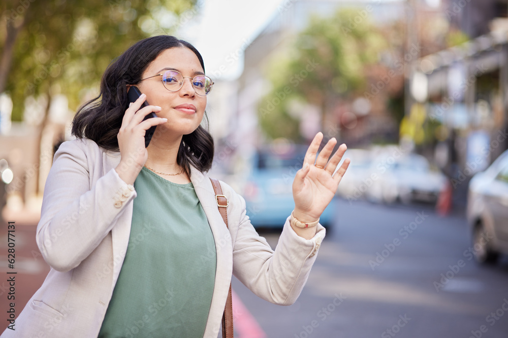 Phone call, taxi and woman in the street, communication or wave with connection, talking or hailing 