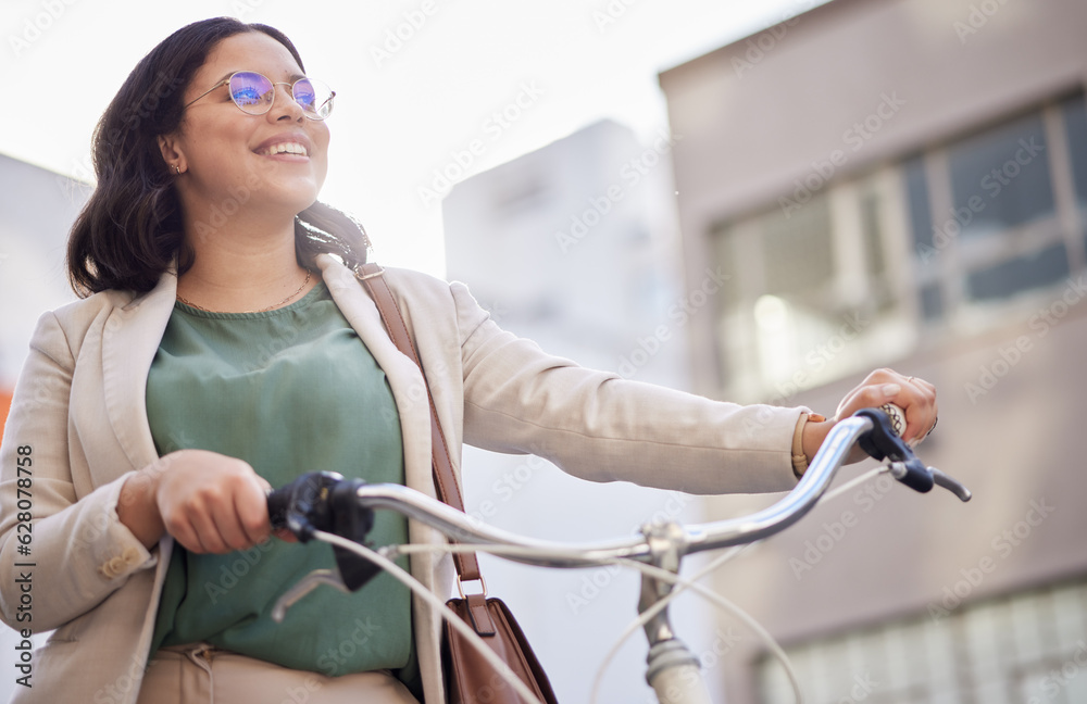 Business, woman and thinking in outdoor with bicycle for travel with smile and marketer. Professiona