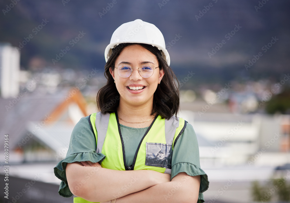 Engineering, crossed arms and portrait of a female construction worker on a building rooftop. Confid