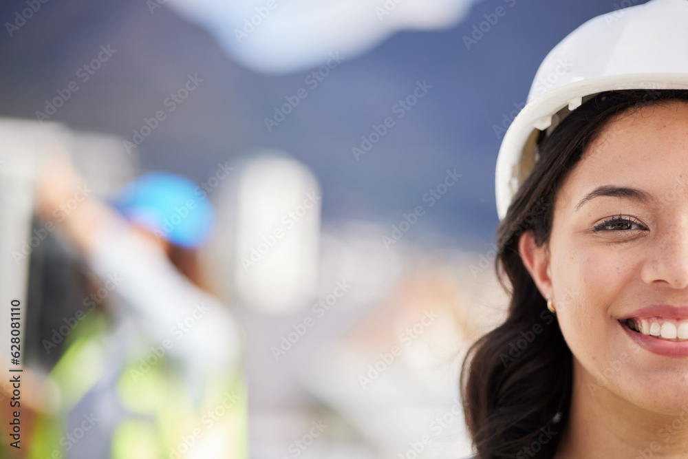 Woman, engineering portrait and city construction site, project development and infrastructure desig