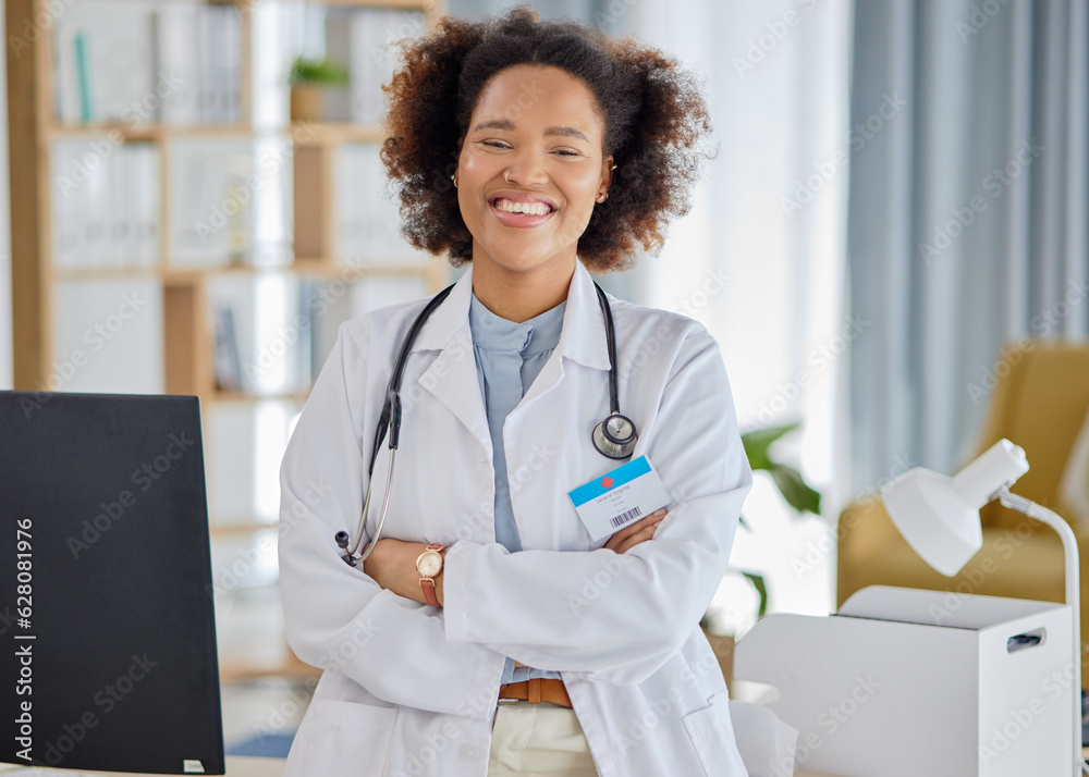 Black woman, portrait and doctor with arms crossed in hospital for medical services, advice and well