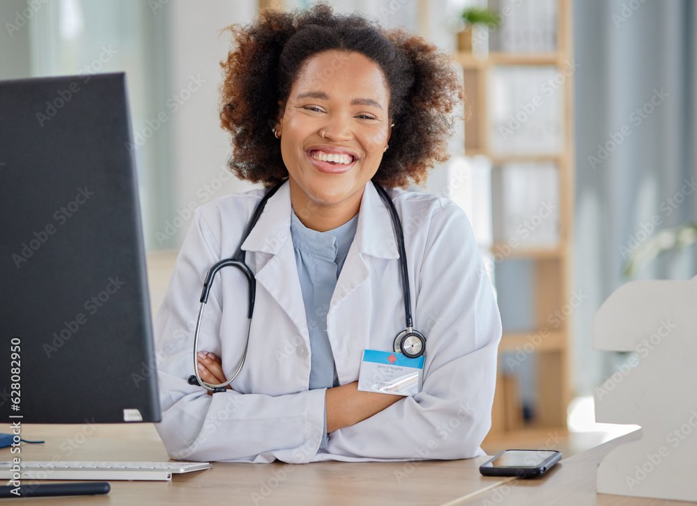 Black woman, portrait and doctor at desk in hospital for medical services, advice and consultation. 